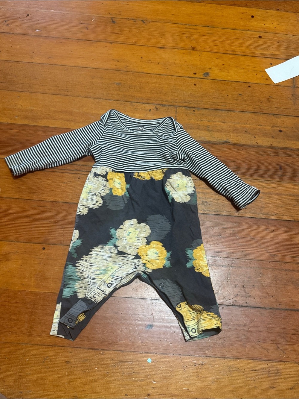 Tea Collection Black & White Striped Top with Yellow Floral One-Piece